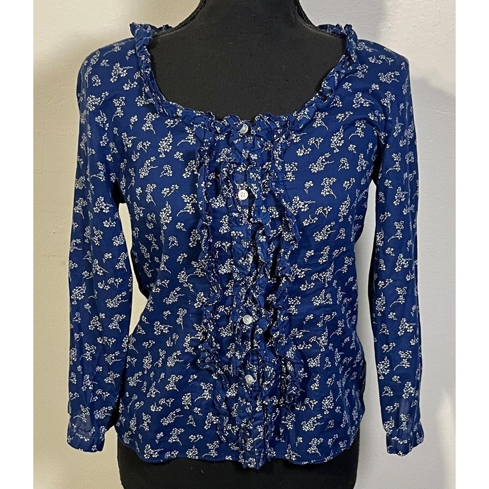 Chaps Denim Blouse‎ Womens Small Blue Floral Ruffle Button Front Long Sleeve
